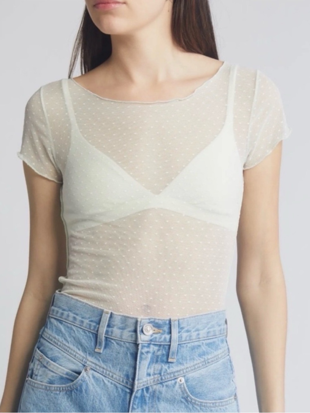 FREE PEOPLE Intimately On the Dot Mesh Baby Tee in Lightest Sky size L